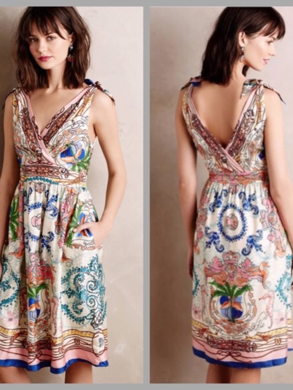 Anthropologie Collette Dinnigan‎ Tied Acionna Silk Dress Size 2 Tropical Ocean